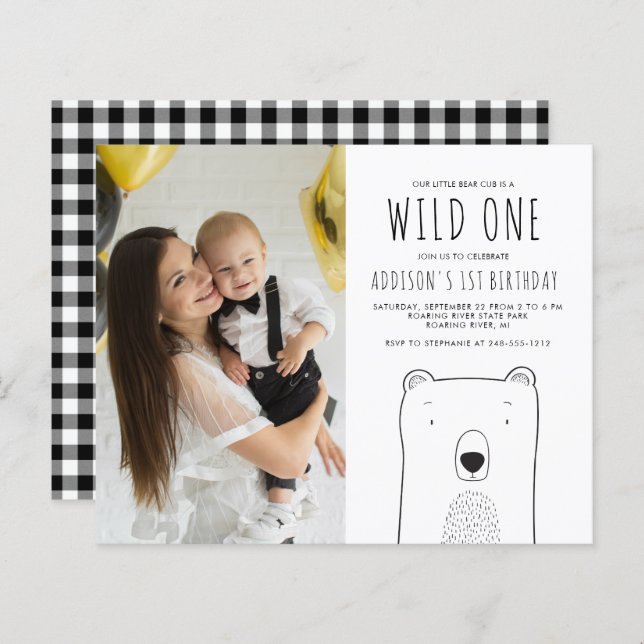 Budget Bear Wild One Photo 1st Birthday Invitation (Front/Back)