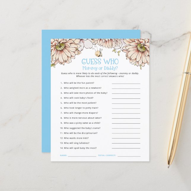 Budget Bee Guess Who Mum Dad Blue Baby Shower Game (Front/Back In Situ)