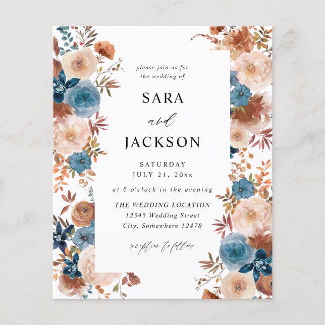 Budget Beige & Dusty Blue Floral Wedding Flyer (Front)