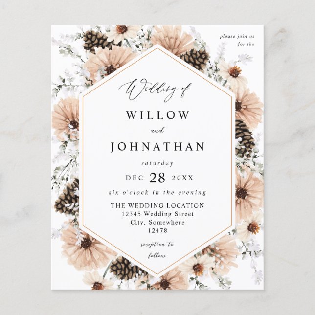 Budget Beige & Pine Rustic Floral Wedding Flyer (Front)