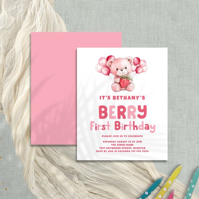 Budget Berry First Birthday Strawberry 1st Party (Front and back view)