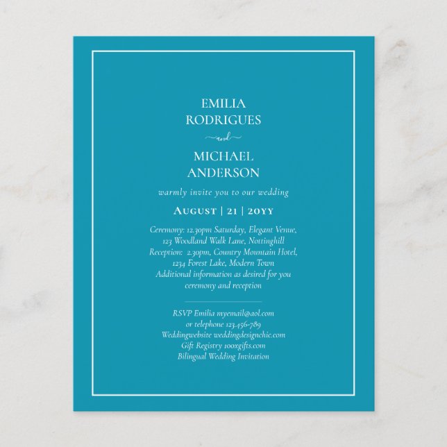 BUDGET Bilingual Bondi Blue Wedding Boda Invite Flyer (Front)