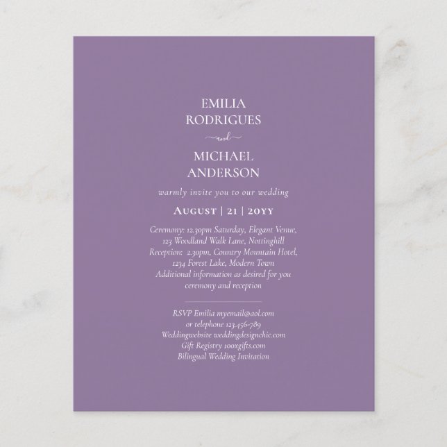Budget Bilingual Purple Wedding Simple Boda Invite Flyer (Front)