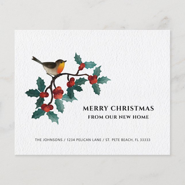 Budget Bird Holly Christmas Moving Announcement (Front)