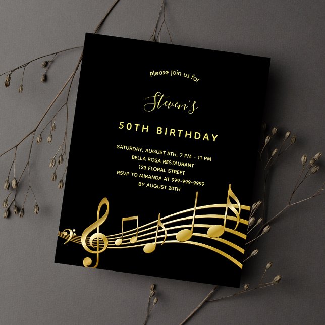 BUDGET Birthday black gold music notes invitation (Creator Uploaded)