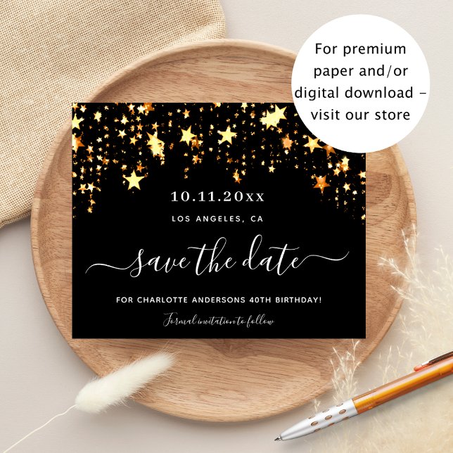 Budget birthday black gold stars save the date (Creator Uploaded)