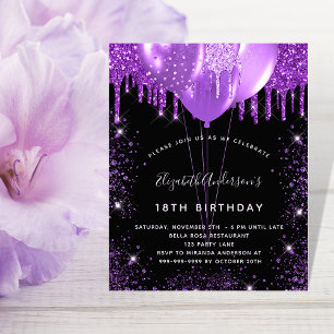 Budget birthday black purple balloons invitation