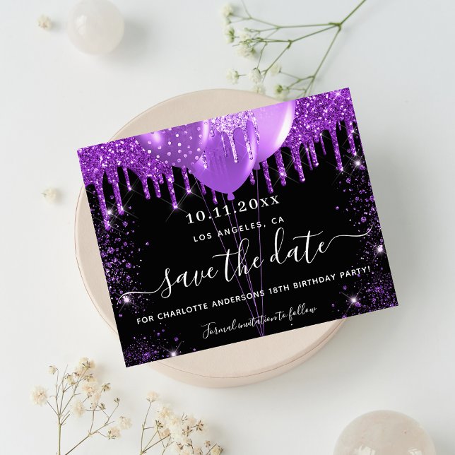 Budget birthday black purple glitter save the date (Creator Uploaded)