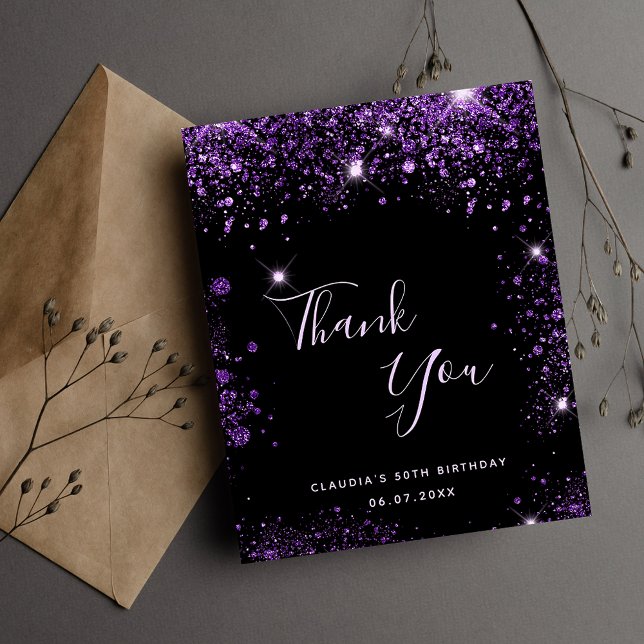 Budget Birthday black purple glitter thank you (Creator Uploaded)