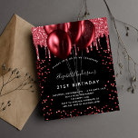 Budget birthday black red glitter invitation<br><div class="desc">For an elegant 21st (or any age) birthday.  A stylish black background. Decorated with red faux glitter and balloons.  Personalise and add a name,  age and party details. The name is written with a hand lettered style script</div>