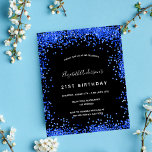Budget birthday black royal blue invitation<br><div class="desc">A girly and feminine 21st (or any age) birthday party invitation. On front: A chic black background. Decorated with royal blue faux glitter dust. Personalise and add a name and party details. The name is written with a hand lettered style script.</div>