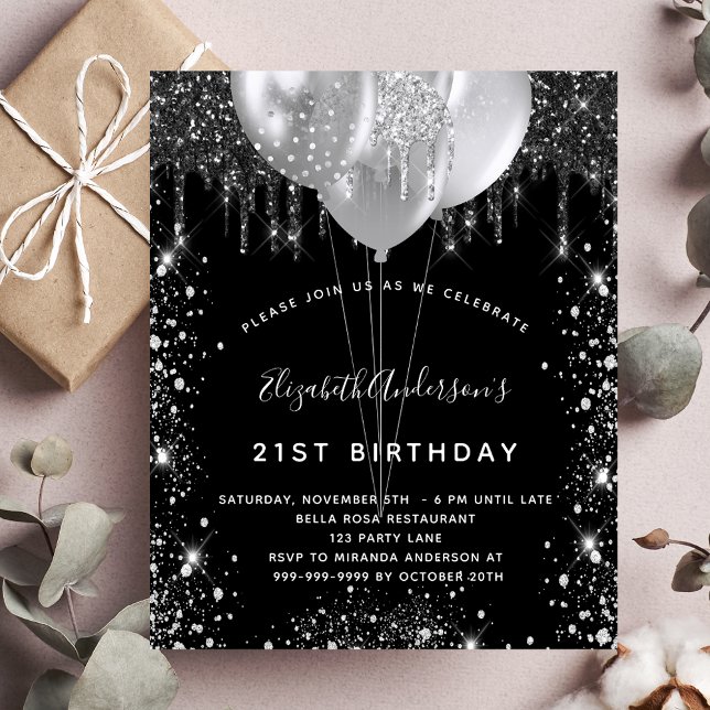 Budget birthday black silver glitter invitation (Creator Uploaded)