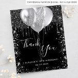 Budget birthday black silver glitter thank you<br><div class="desc">A thank you card for a 18th (or any age) birthday. A chic black background color. With faux silver glitter drips, paint dripping look and balloons. On front large hand lettered script and the text: Thank You, your text, title and a date. Back: Personalize and add your thank you note...</div>