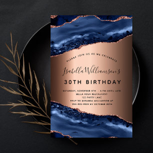 Budget birthday blue agate rose gold invitation