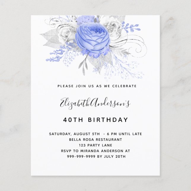 Budget Birthday blue florals silver invitation (Front)