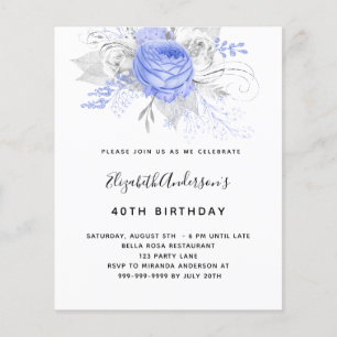Budget Birthday blue florals silver invitation