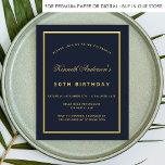 Budget birthday blue gold classic invitation<br><div class="desc">A dark blue background,  a decorated with a faux gold frame.  Personalise and add a name and party details. The name is written with an elegant hand lettered style script. 
Back: blue background.</div>