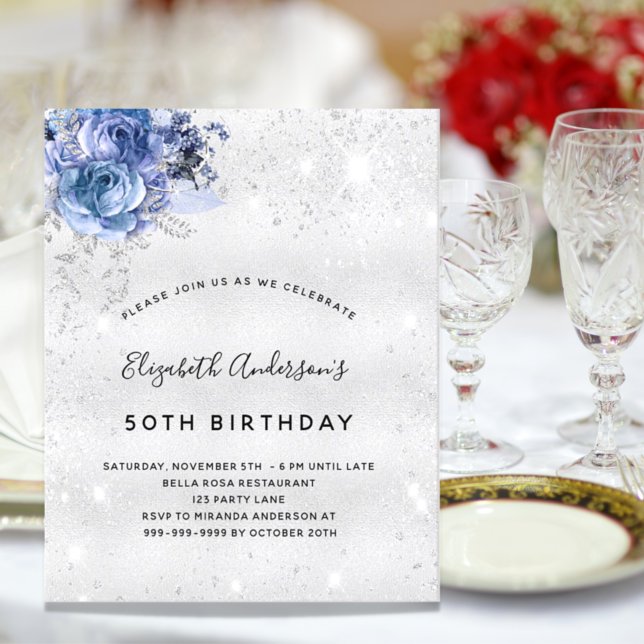 Budget birthday blue silver glitter invitation (Creator Uploaded)