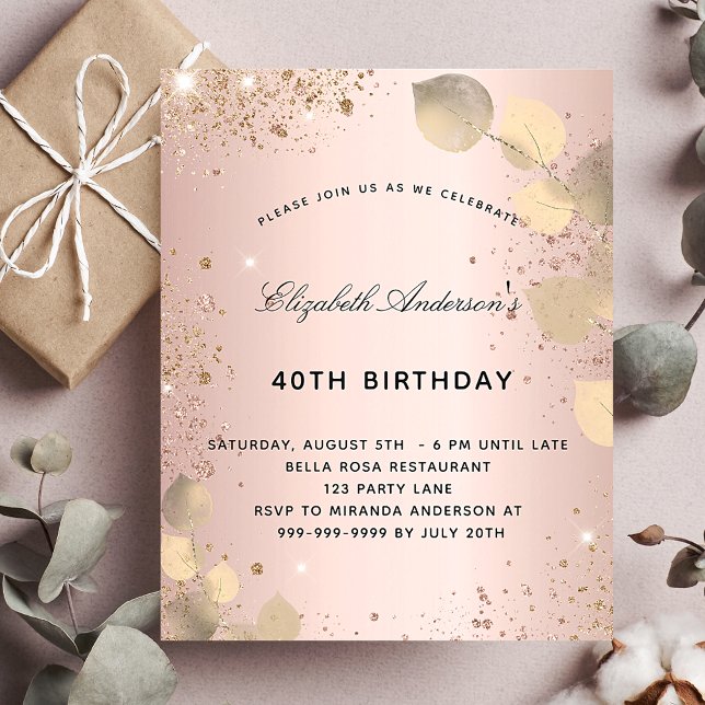 Budget birthday blush eucalyptus gold invitation (Creator Uploaded)