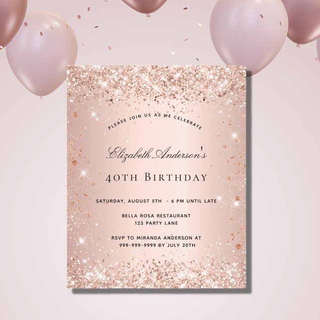 Budget birthday blush rose gold glitter invitation (Creator Uploaded)