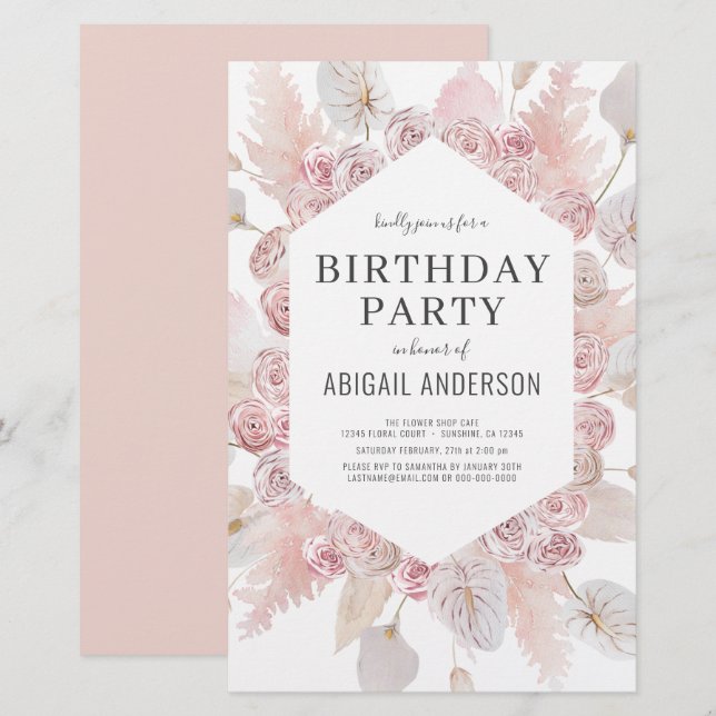 Budget Birthday  Boho Blush Pink Party Invitation (Front/Back)