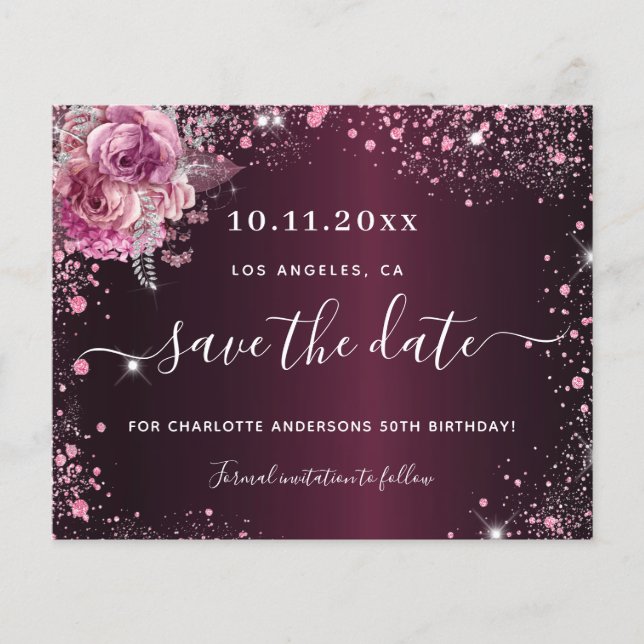 Budget birthday burgundy pink floral save the date (Front)