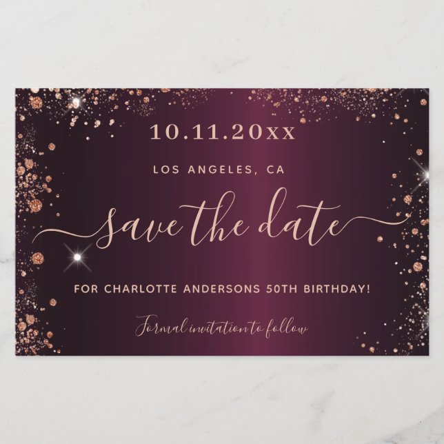 Budget birthday burgundy rose gold save the date (Front)