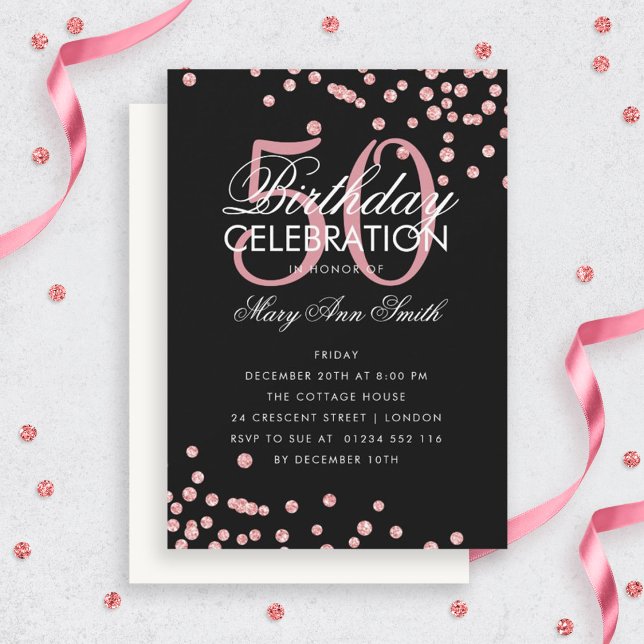Budget Birthday Confetti Rose Gold Black Invite (Creator Uploaded)