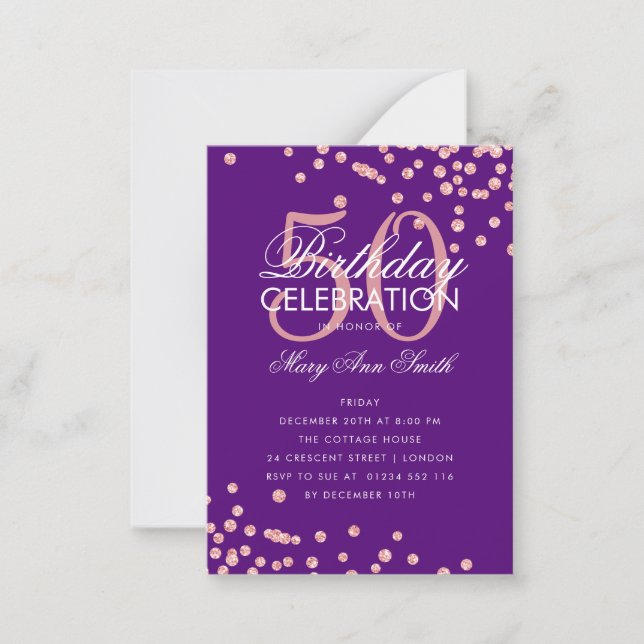 Budget Birthday Confetti Rose Gold Purple Invite (Front)