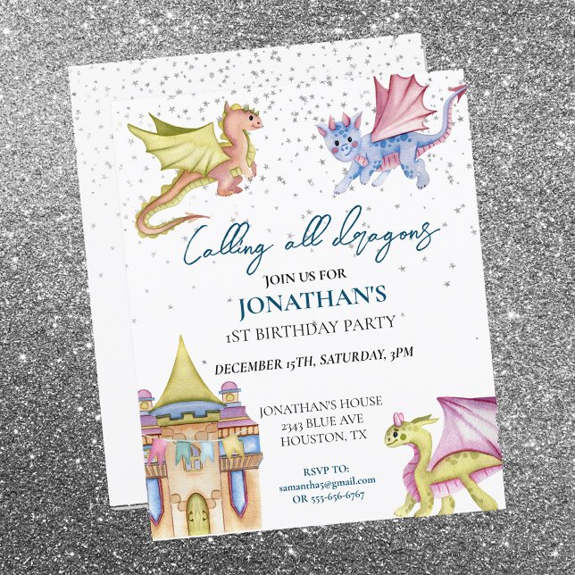 Budget Birthday Dragon Watercolor Invitation  (Creator Uploaded)