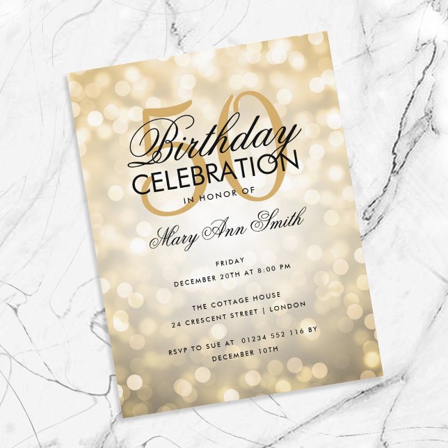 Budget Birthday Elegant Gold Sparkle Lights Invite Postcard (Creator Uploaded)