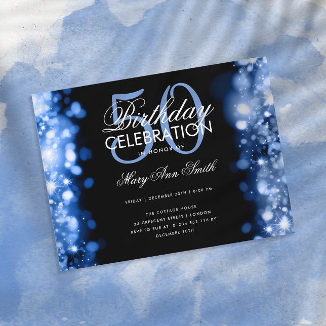 Budget Birthday Elegant Navy Blue Lights Invite Postcard (Creator Uploaded)