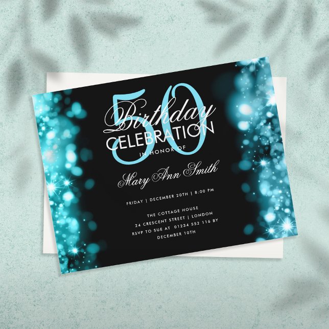 Budget Birthday Elegant Teal Lights Invite Postcard (Creator Uploaded)