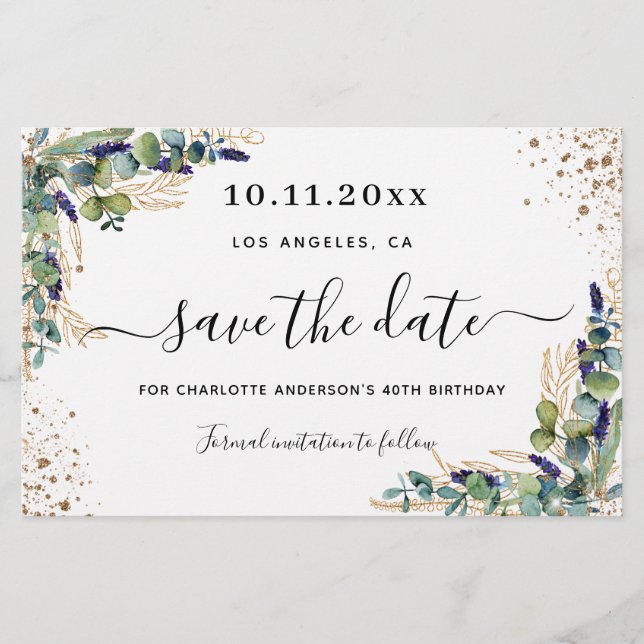 Budget birthday eucalyptus gold save the date (Front)
