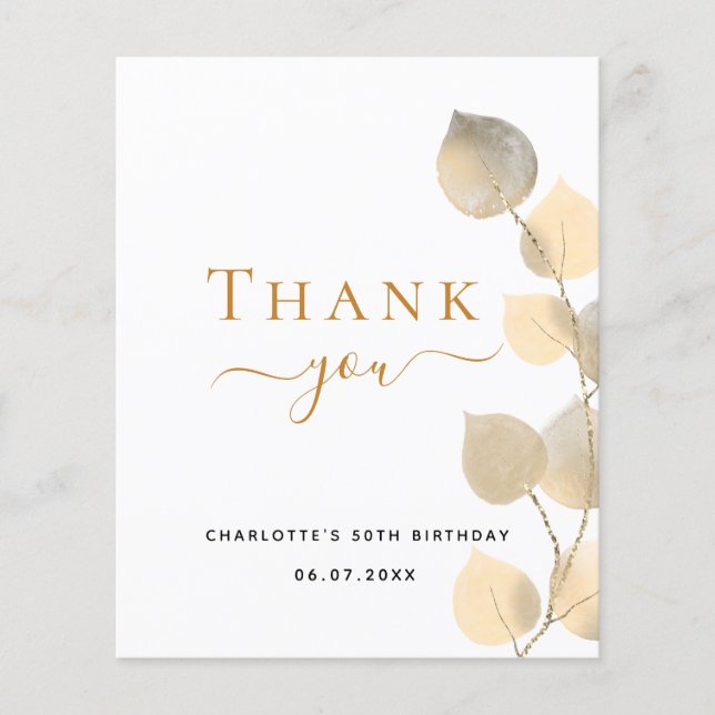 Budget birthday eucalyptus gold thank you card (Front)