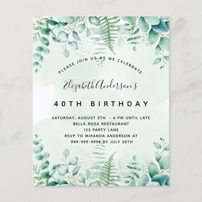 Budget birthday eucalyptus greenery invitation (Front)