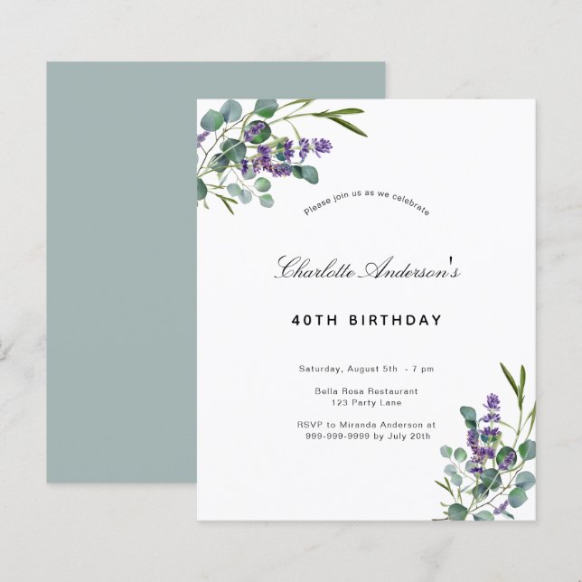 Budget birthday eucalyptus lavender invitation (Front/Back)