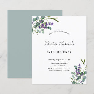 Budget birthday eucalyptus lavender invitation