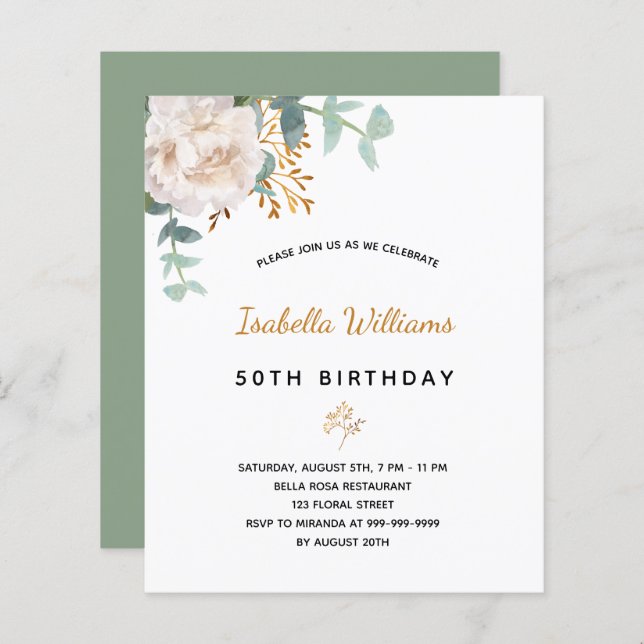 BUDGET Birthday floral eucalyptus invitation (Front/Back)