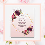 Budget Birthday florals rose gold invitation<br><div class="desc">On front: An invitation for a 50th (or any age) birthday party. An elegant and trendy rose gold, white gradient background with a faux gold geometric frame. Decorated with dark purple and burgundy flowers, roses and boho style feathers. Templates for a name and party details. The name is written with...</div>