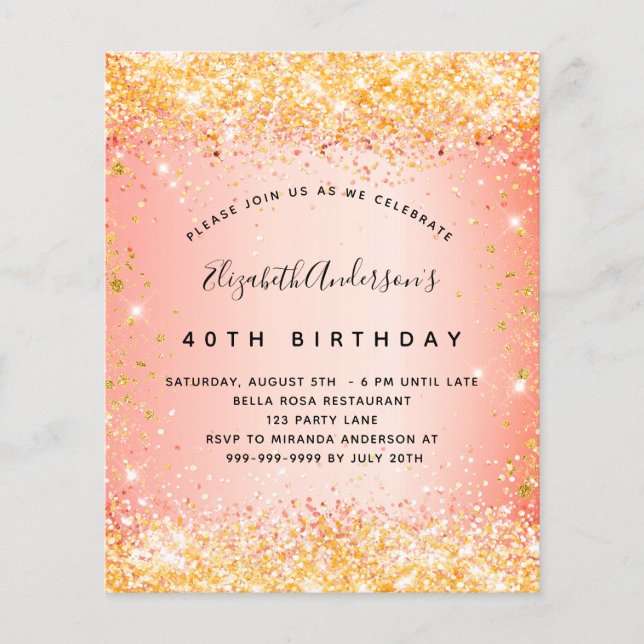 Budget birthday glitter orange gold invitation (Front)
