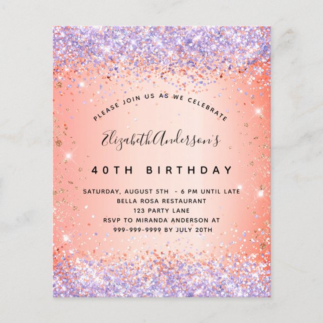 Budget birthday glitter orange purple invitation (Front)