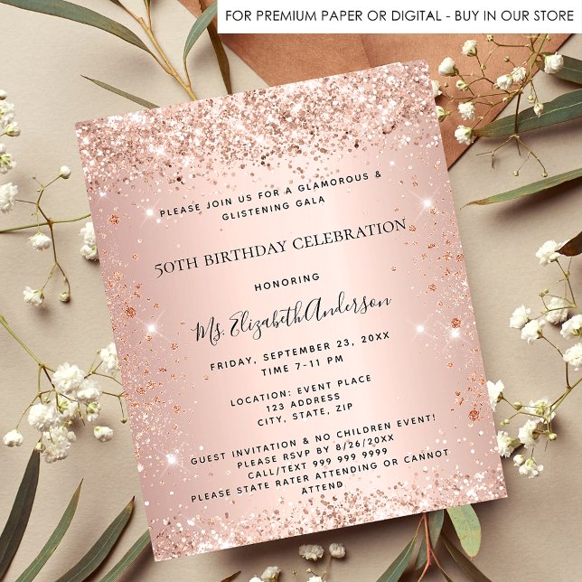 Budget birthday glitter rose gold metal invitation (Creator Uploaded)
