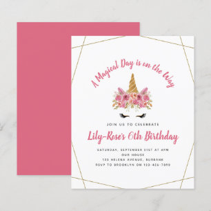 BUDGET Birthday Invitation   Floral Unicorn Gold