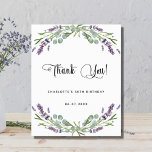 Budget birthday lavender eucalyptus thank you card<br><div class="desc">A chic white background decorated with lavender flowers and eucalyptus greenery. On front large black coloured hand lettered script and the text: Thank You,  your and a date. Back: Personalise and add Your thank you note and name.</div>