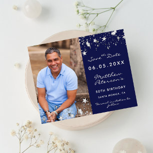 Budget birthday navy blue photo Save the Date