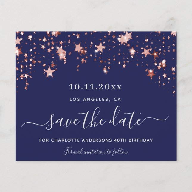Budget birthday navy blue rose Save the Date (Front)