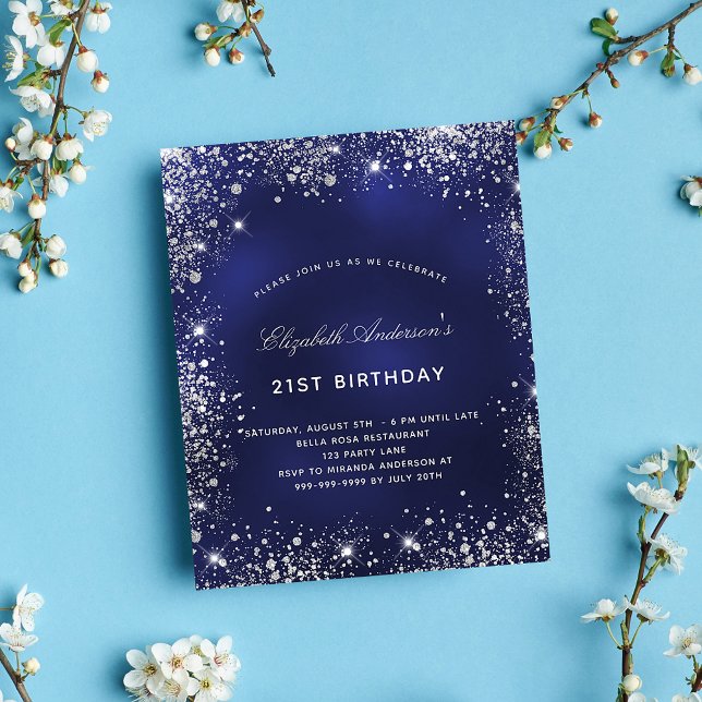 Budget birthday navy blue silver dust invitation (Creator Uploaded)