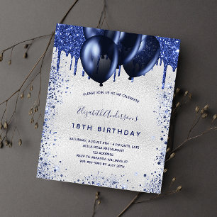 Budget birthday navy blue silver invitation