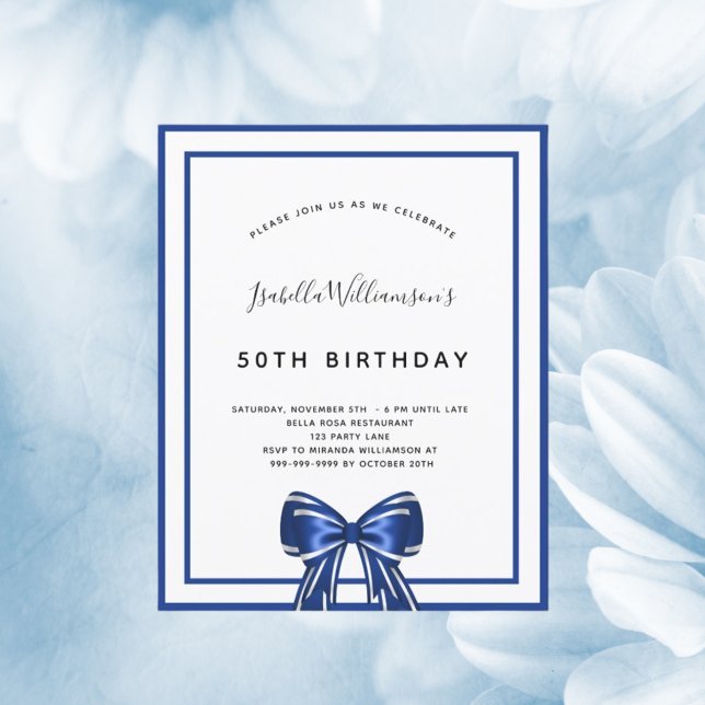 Budget birthday navy blue white bow invitation (Creator Uploaded)